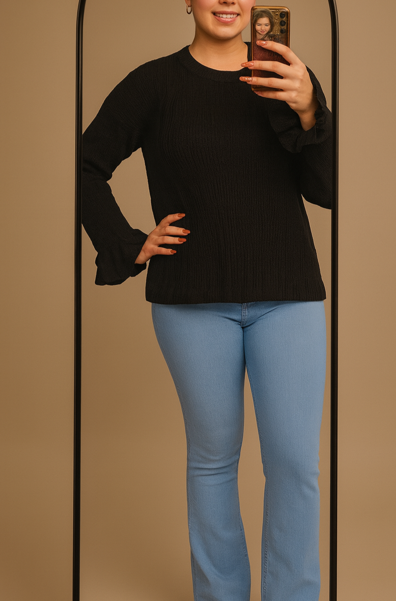 Pull à rayures en tricot épais uni à manches pétales